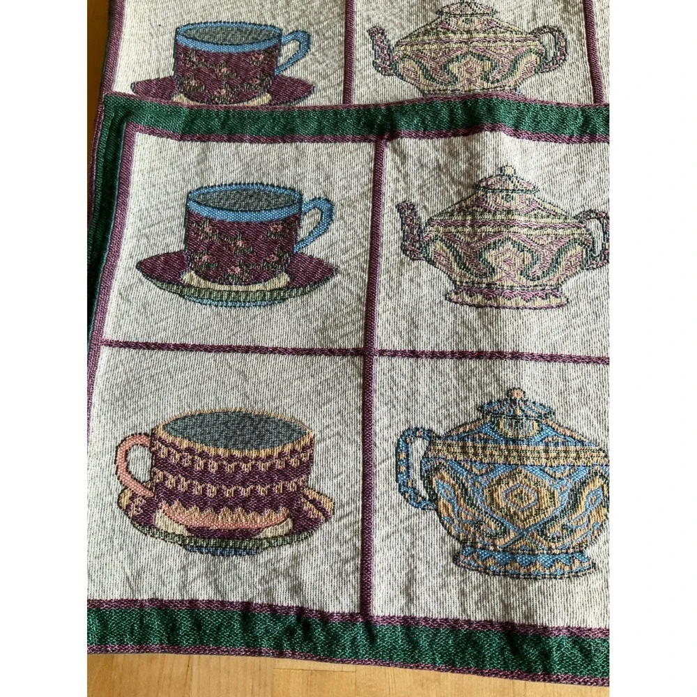 Vintage Woven Tapestry Placemats Set 4 Teapot Teacup Tea Time Cottagecore 18x13
